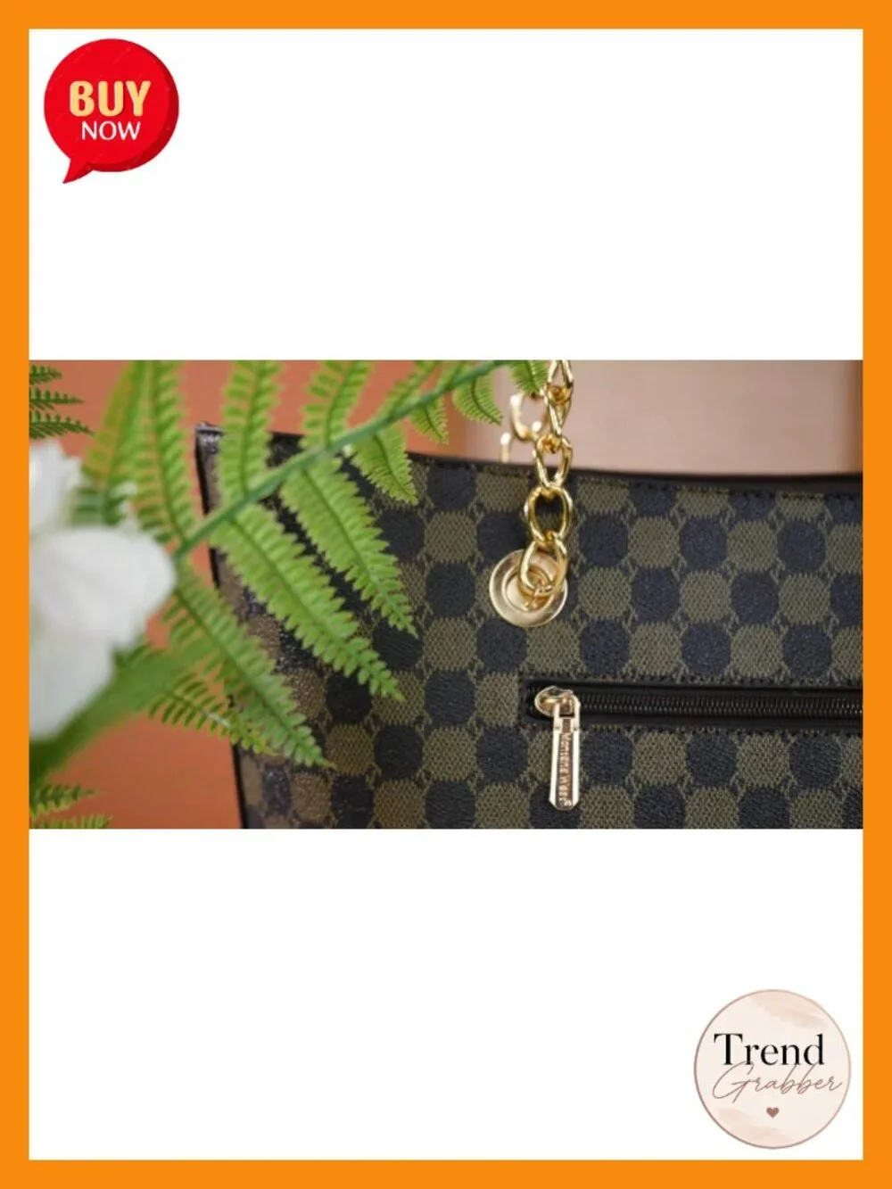 Faux Leather Tote Bag with Gold Chain Top Handle & Zipper